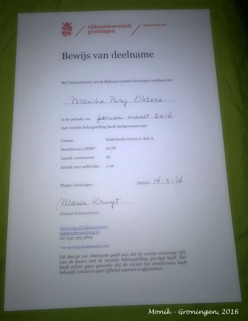 Certificate Nederlands Course Niveau A2-B1