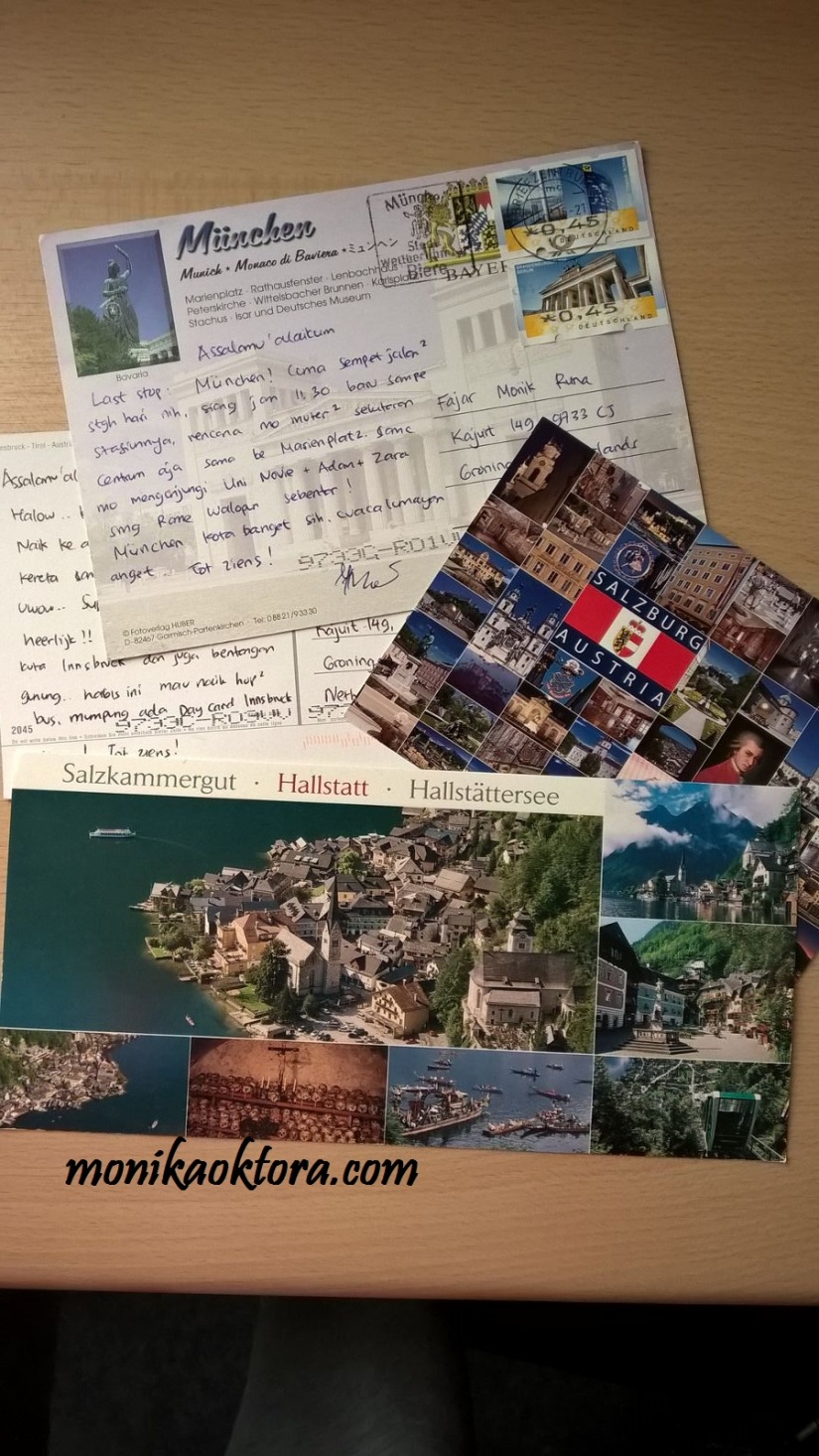 Postcards dari kota-kota yang kami kunjungi, Salzburg, Hallstatt, Innsbruck, dan Munich. 